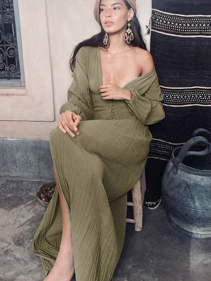 Boho V Neck Maxi Dress - Puff Sleeve Button Front High Slit Long Dress - Spring Beach Vacation 2026