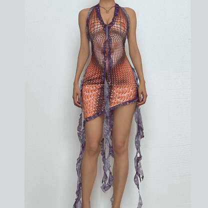 Deep V neck ruffle body print irregular mini dress