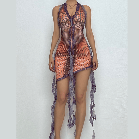 Deep V neck ruffle body print irregular mini dress