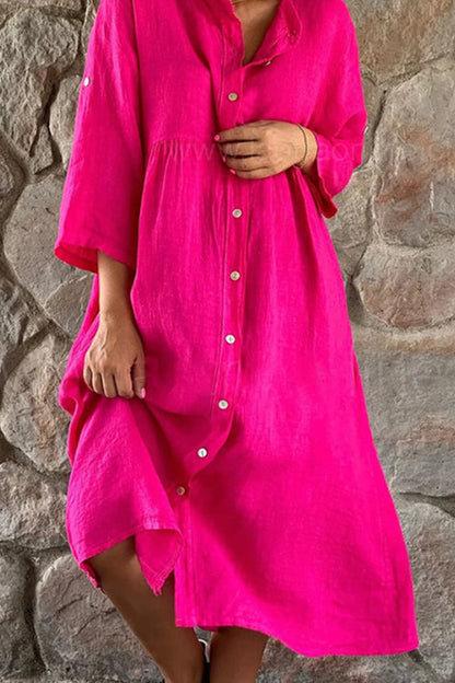 Cotton linen solid color casual stand collar button long dress
