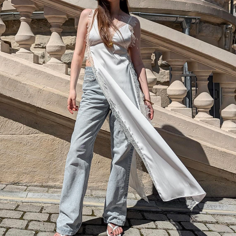 V neck high slit lace hem cami maxi dress