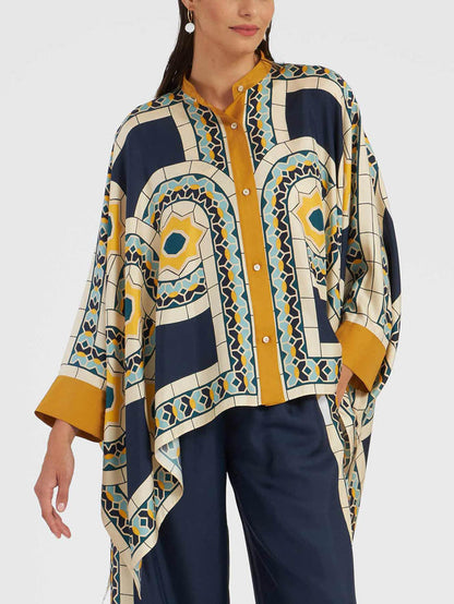 Unique Retro Floral Print Stand Collar Irregular Top
