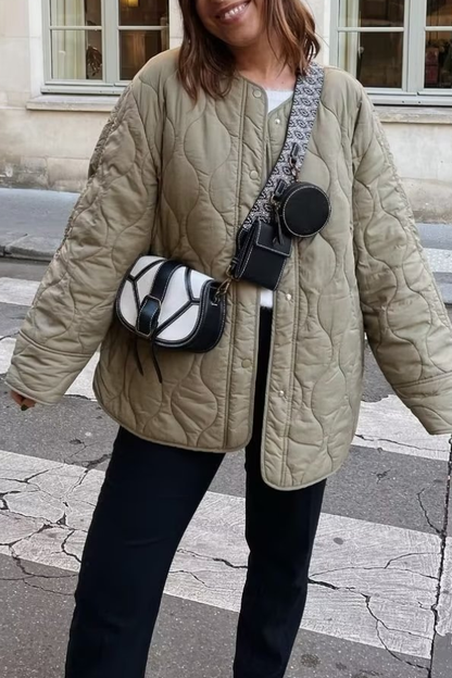 Solid Color Loose Round Neck Quilted Jacket