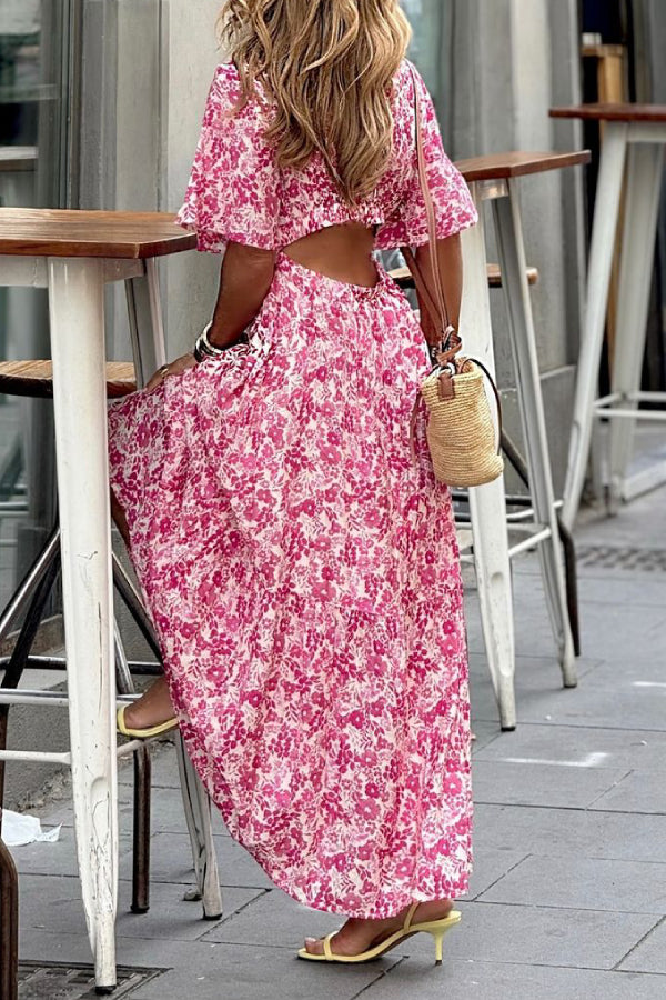 Red floral V-neck leisure holiday dress