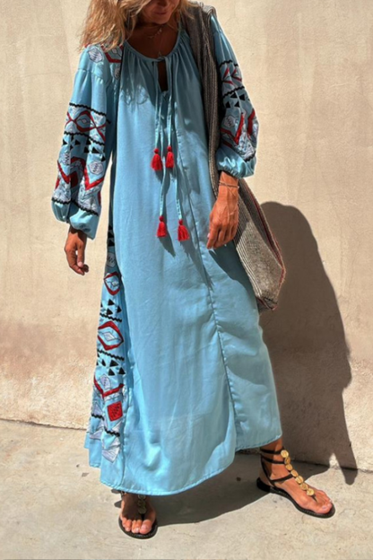 Blue V-neck Tie Ethnic Style Retro Print Long Skirt