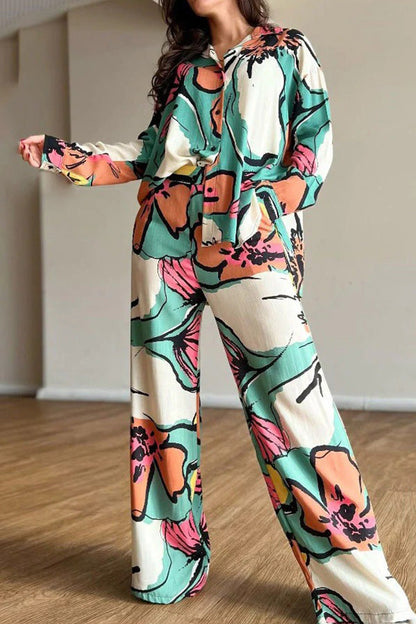 Printed Commuter Shirt High Waist Wide Leg Pants Set