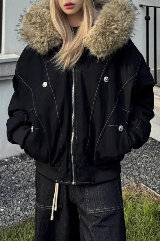 Black Short Puffer Fur Collar Jacket