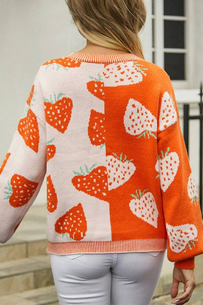 Orange Strawberry Print V-Neck Colorblock Cardigan