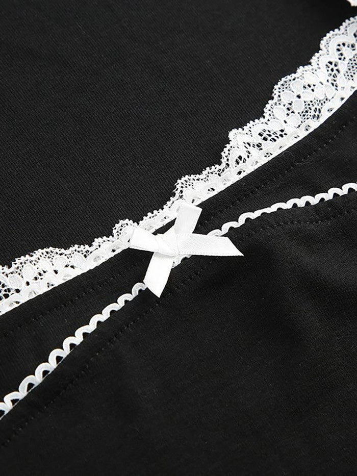 Black Y2k Gothic Lace Trim Bow Slim Top with Square Neck