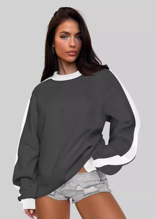 Contrast Color Round Neck Loose Sweater