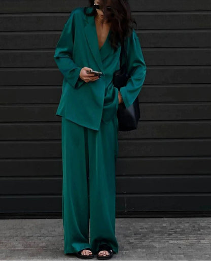 Green Satin High Waist Trousers Office Two Piece Set