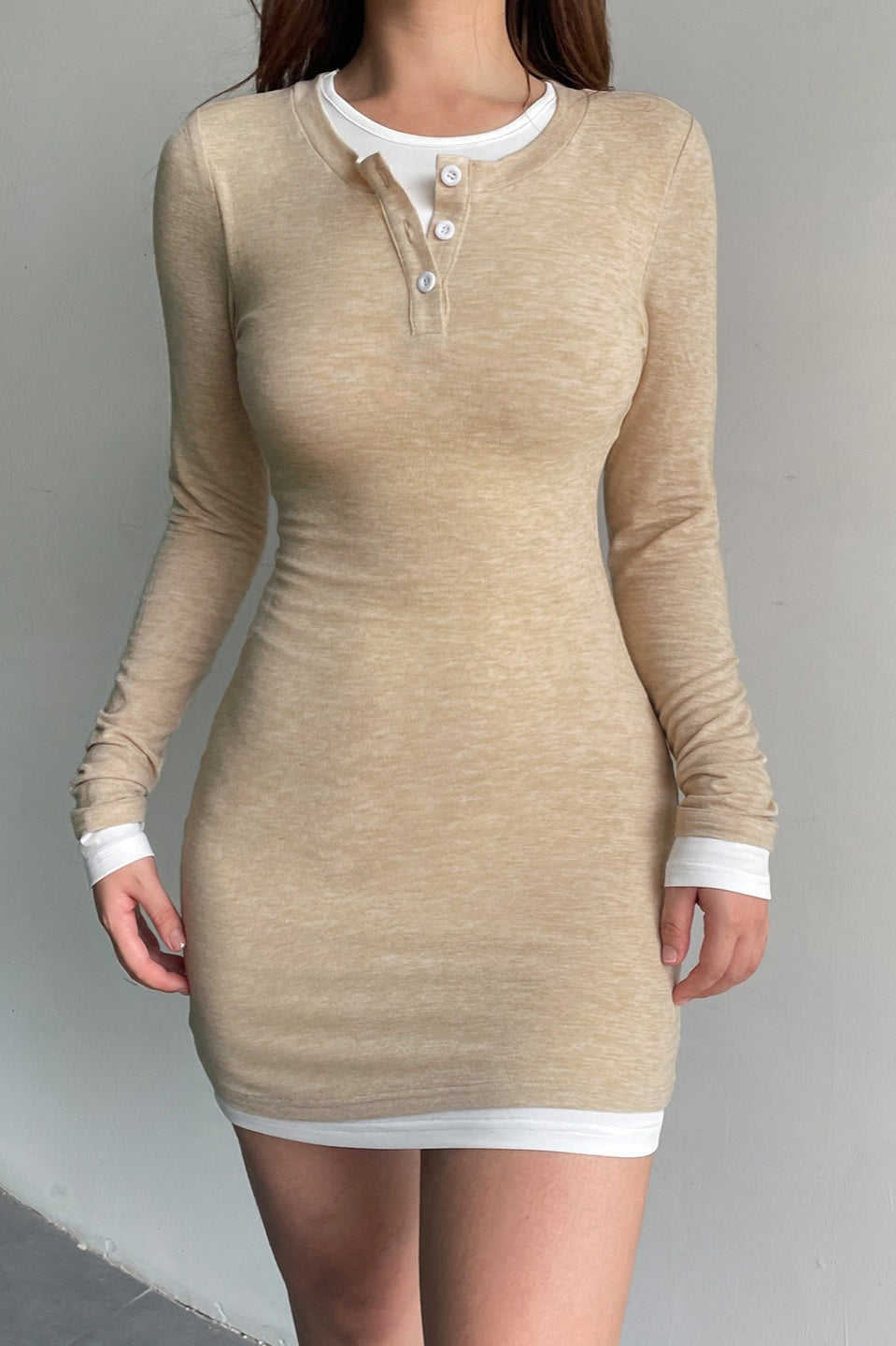 Sexy Henley Neck Layered Knit Bodycon Dress