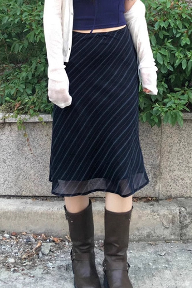 Stripe Print Sheer Mesh Knit Midi Skirt