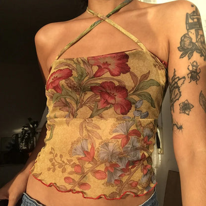 Floral Mesh Sheer Backless Halter Y2K Crop Top