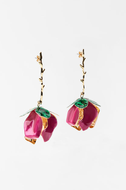 Enamelled Rose Drop Earrings