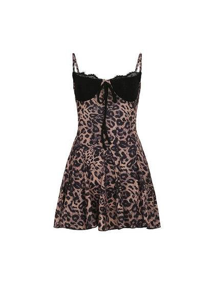 Brown Y2k Halter Leopard Lace Dress