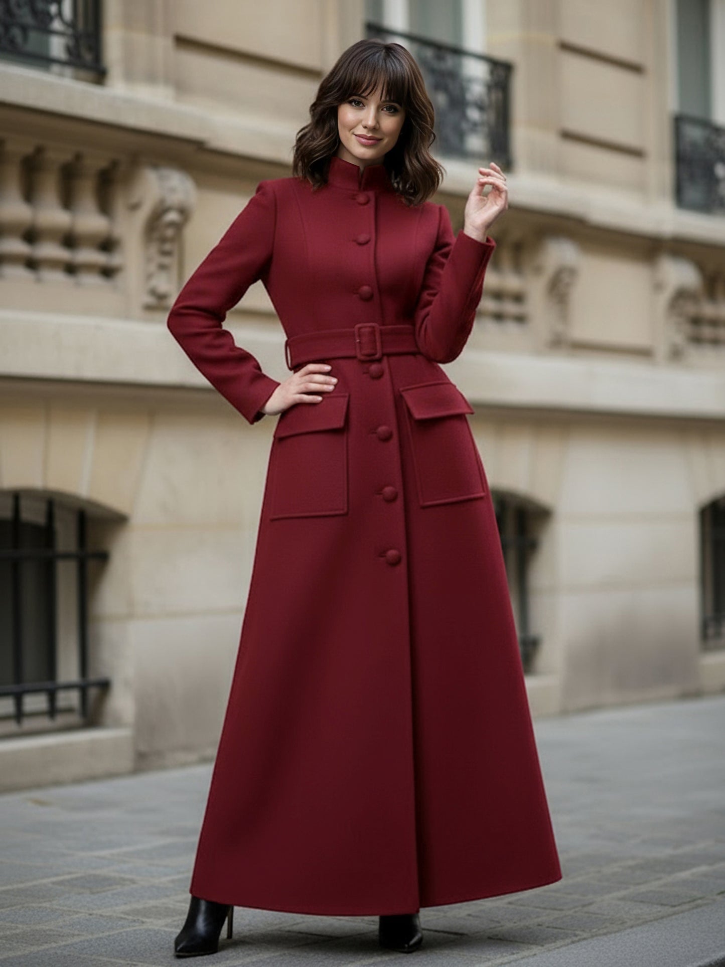 Woolen Full-Length Maxi Coat With Stand Collar And Flap Pockets For Women 2026