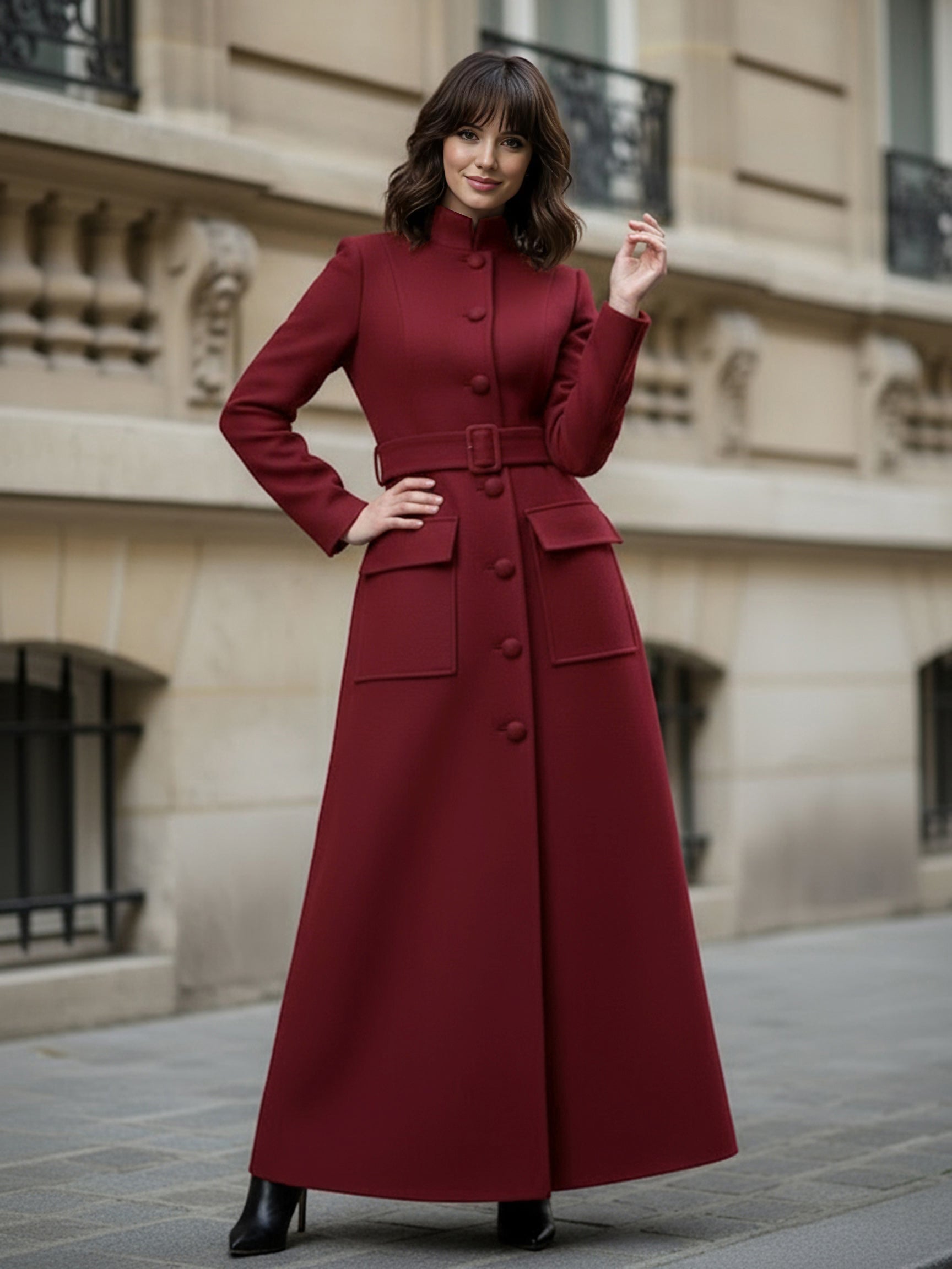 Woolen Full-Length Maxi Coat With Stand Collar And Flap Pockets For Women 2026