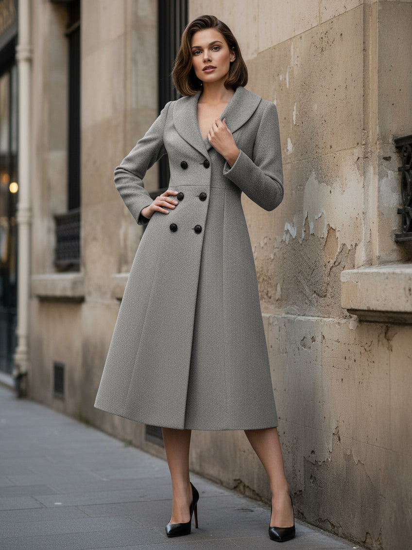 Woolen Double-Breasted A-line Midi Coat With Shawl Collar For Women 2026