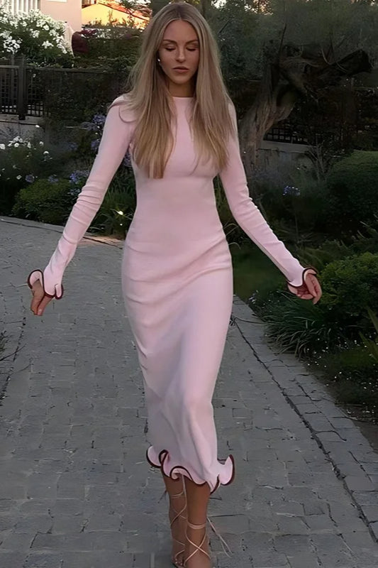 Scalloped Trim Long Sleeve Crew Neck Bodycon Maxi Dress