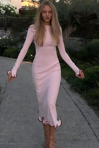 Scalloped Trim Long Sleeve Crew Neck Bodycon Maxi Dress