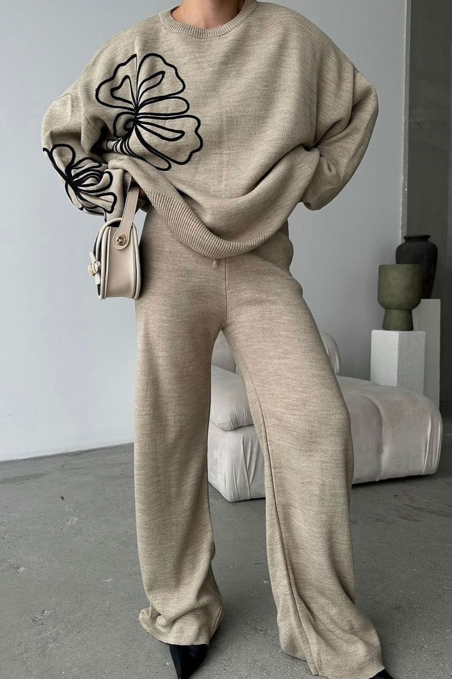 Casual Round Neck Knit Sweater with Pants Two Piece Pants Set