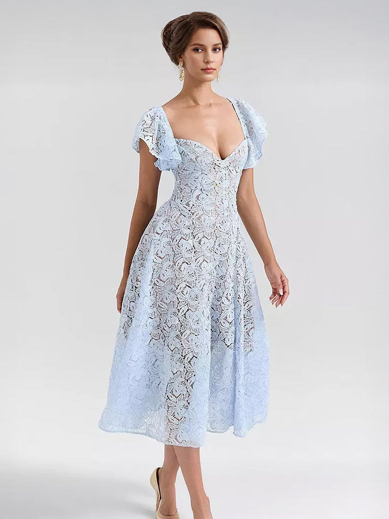 Blue Lace Dress Butterfly Sleeve Sweetheart Neckline Birthday Party A-line Sheer Midi Dress For Women 2026