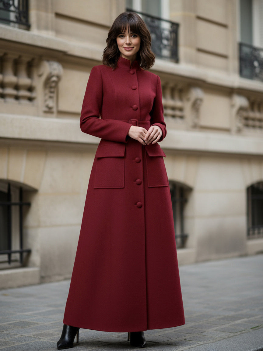 Woolen Full-Length Maxi Coat With Stand Collar And Flap Pockets For Women 2026