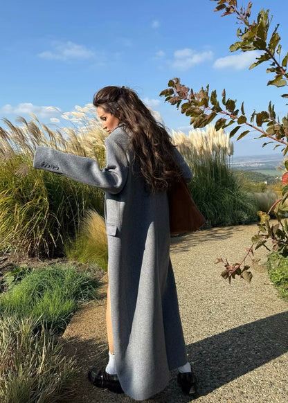 Double-Breasted Long Wool-Blend Coat – Gray