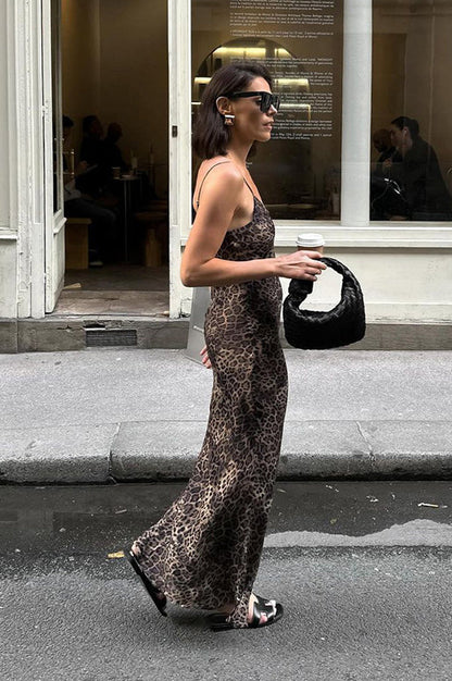 Slim Fit Leopard Print Ruched Waist Maxi Dress