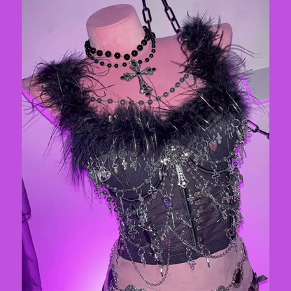 Fluffy beaded metal applique crop top