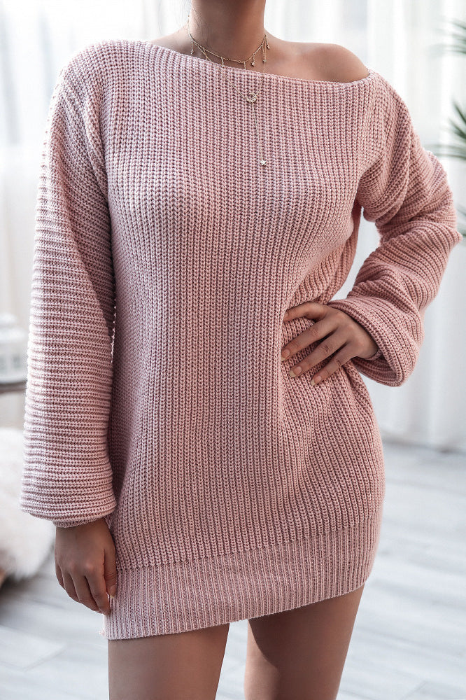 Boat Neck Off Shoulder Oversized Balloon Sleeve Ribbed Knit Mini Sweater Dress
