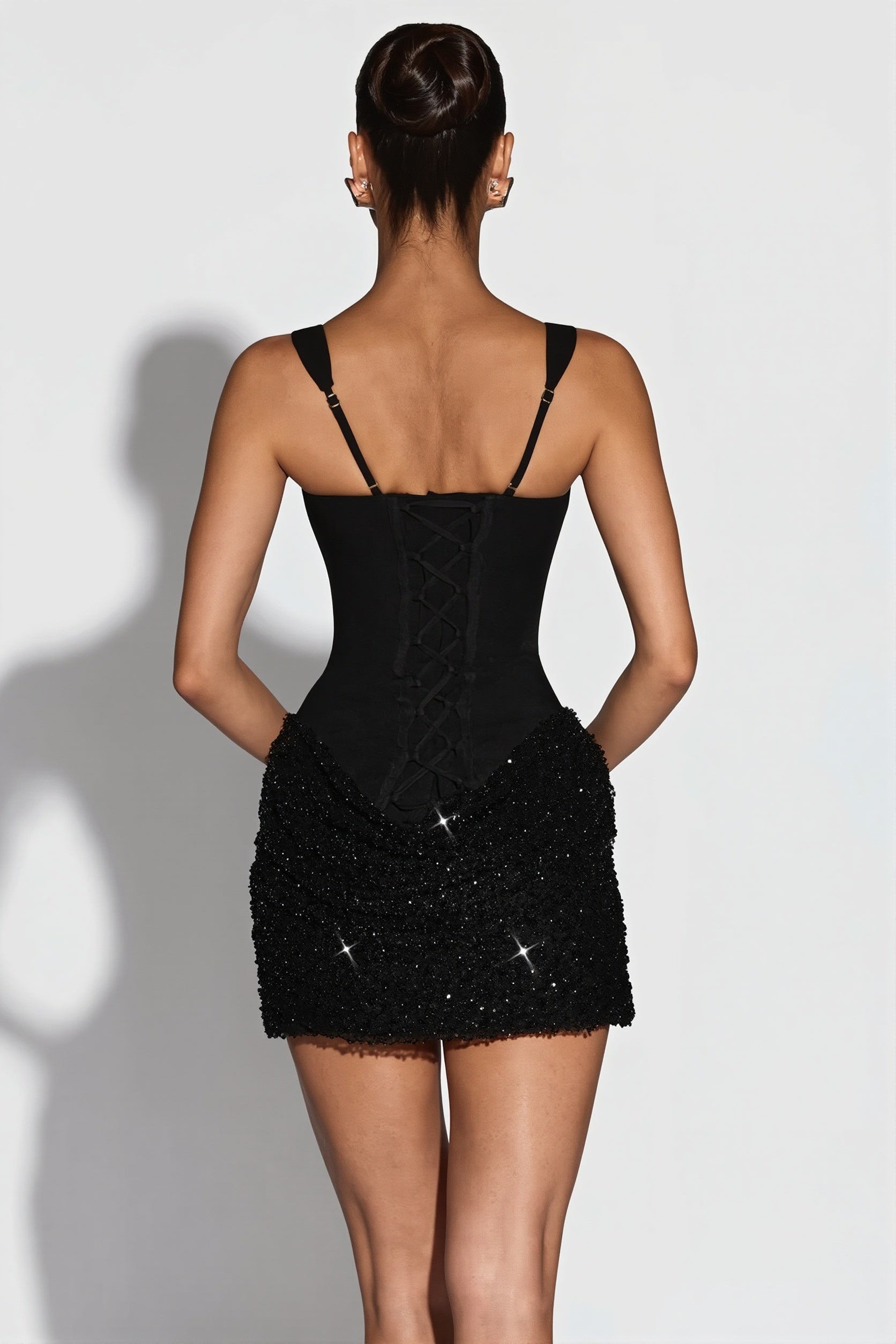 Square Neck Corset Bodice Sequin Embellished Basque Waist Mini Dress
