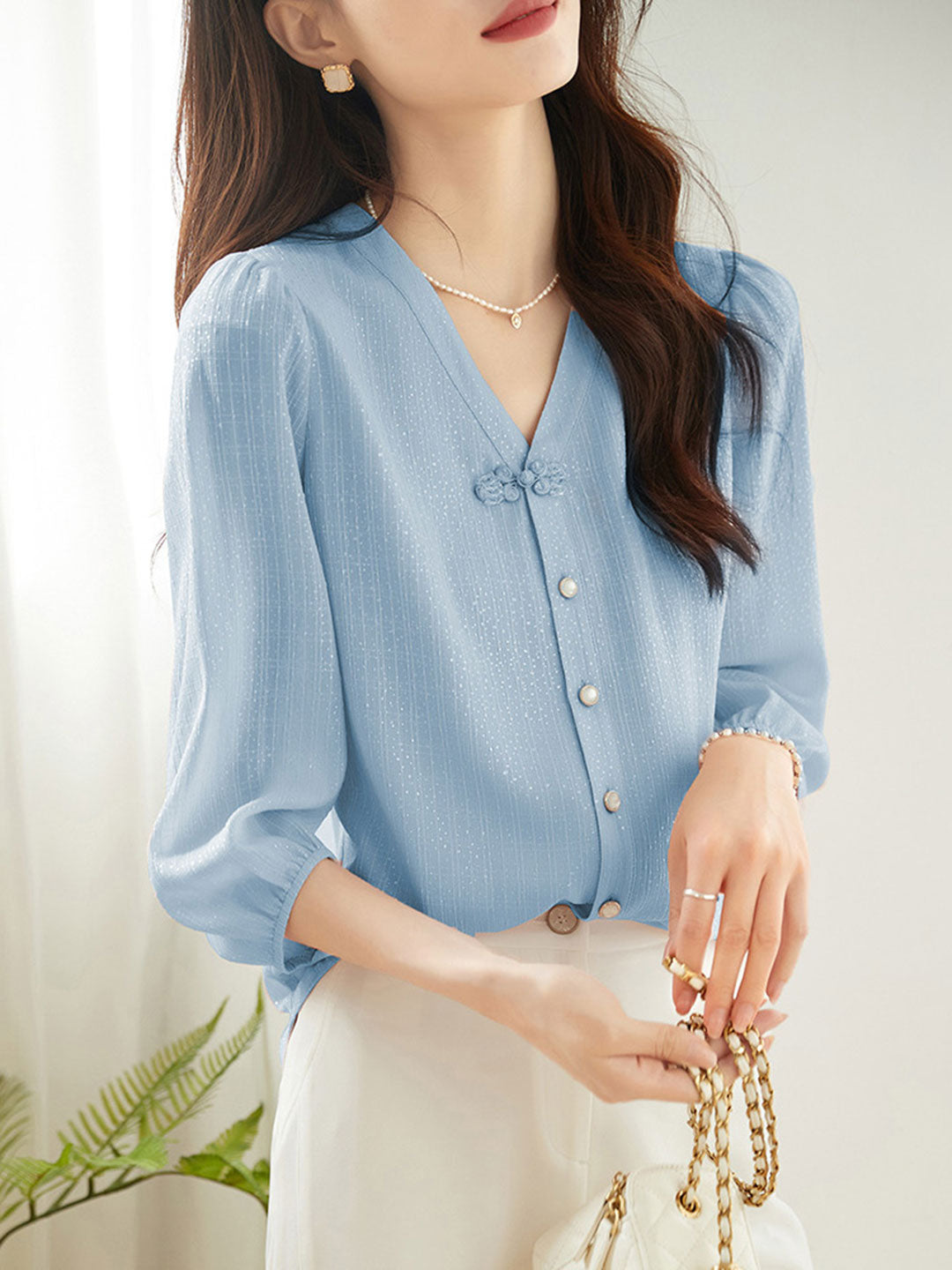 Camila Elegant Puff Sleeve Chiffon Blouse-Blue