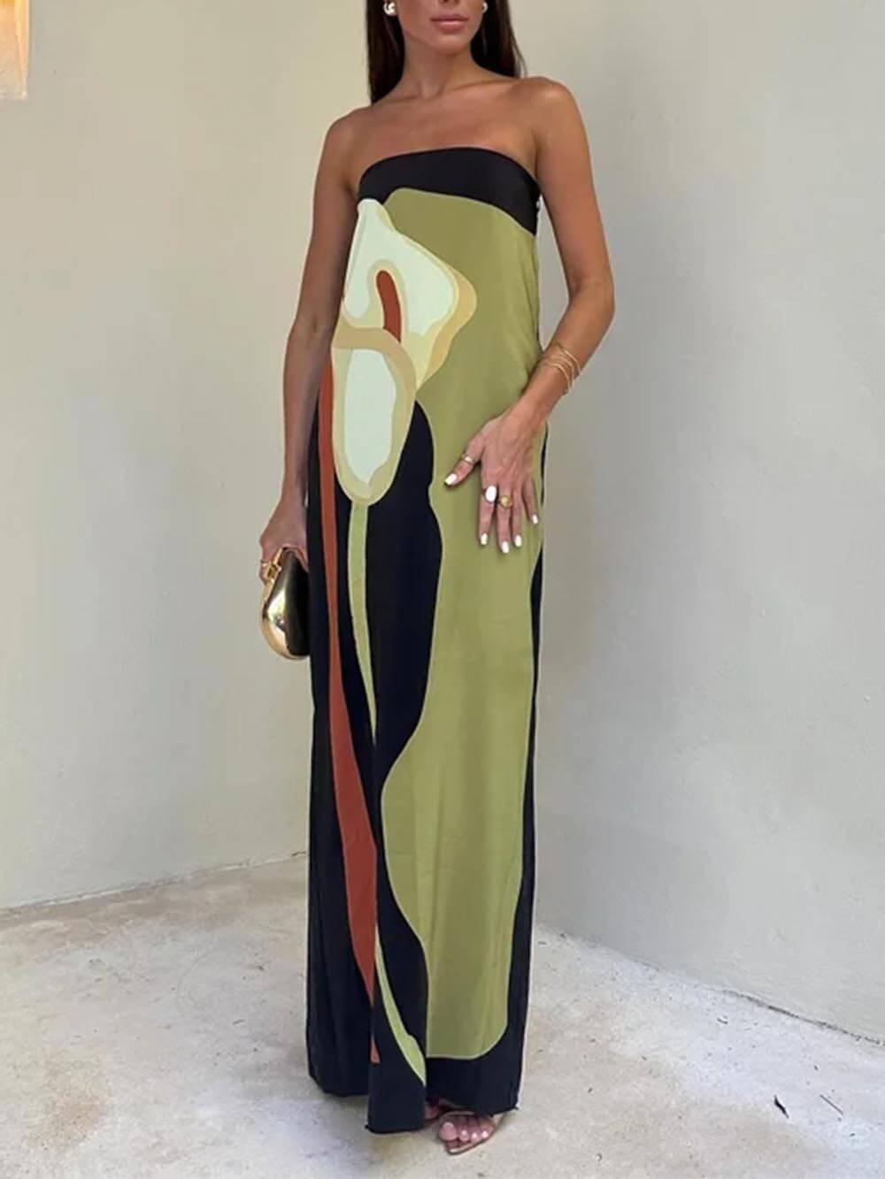 Strapless Abstract Botanical Print Column Maxi Dress