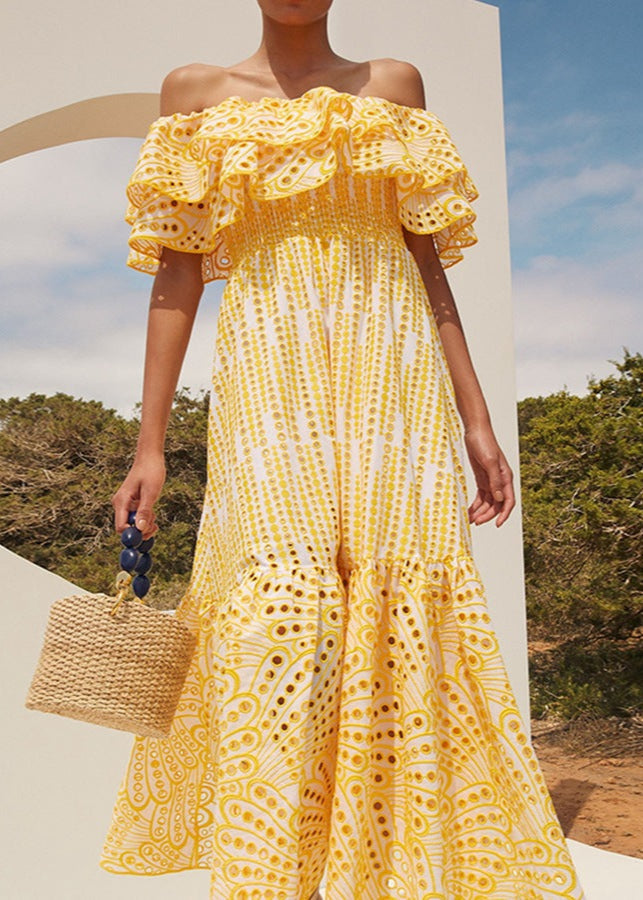 Soleia Ruffle Off-Shoulder Dress – EmbroideRed Boho Midi