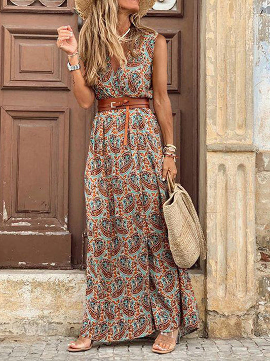 Paisley Print Deep V-Neck Sleeveless Belted Flowy Maxi Dress