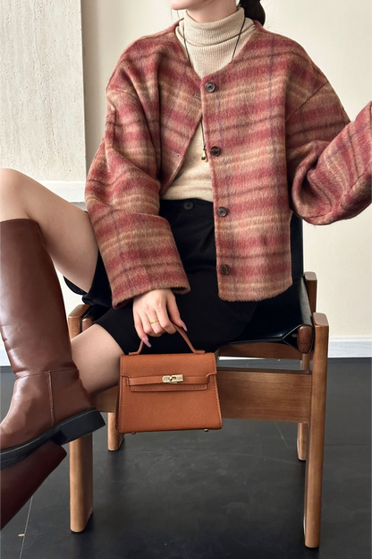 Plaid Crew Neck Single Breasted Drop Shoulder Wool Jacket