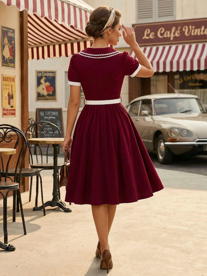 Double Layer Peter Pan Collar Embroidery Puff Sleeve Swing Dress For Women 2026