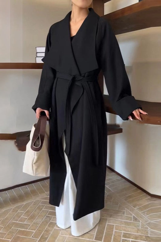 Korean Hepburn Lazy-Chic Belted Waist-Tie Long Overcoat