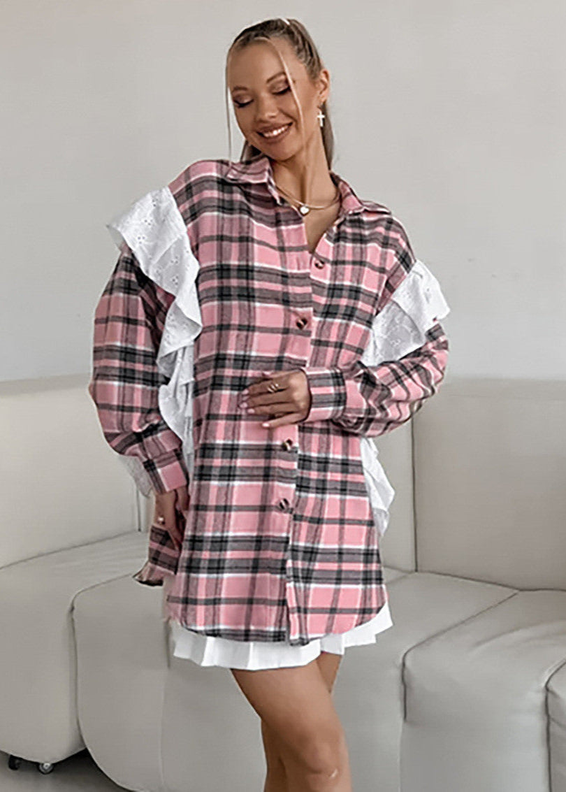 Ainsley Plaid Poplin Shirt - Pink Ruffle Accent Button-Up