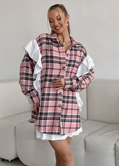 Ainsley Plaid Poplin Shirt - Pink Ruffle Accent Button-Up