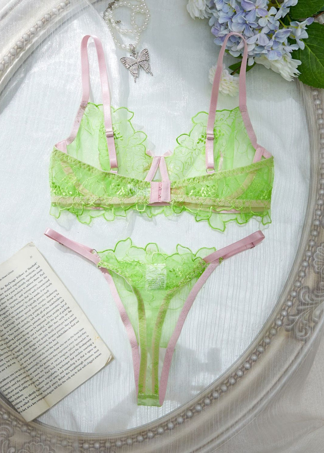 Lime Blossom - Sheer Embroidered Lingerie Set