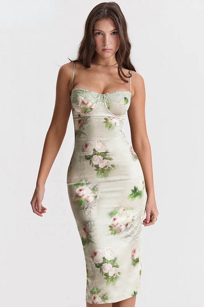 Floral Satin Sweetheart Lace Trim Spaghetti Strap Bodycon Midi Dress