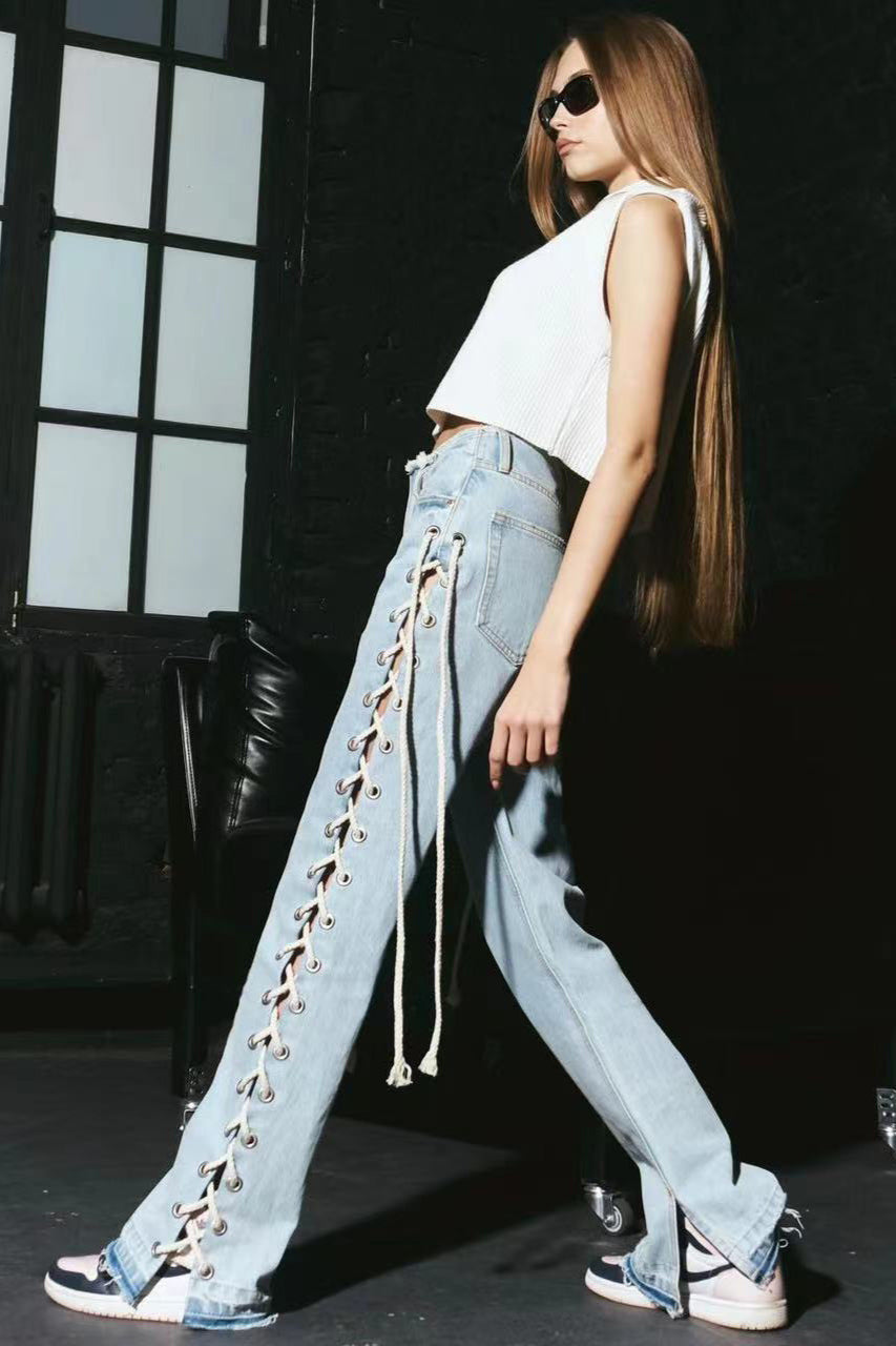 Eyelet Lace-Up Cutout Straight Jean