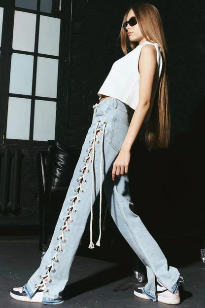 Eyelet Lace-Up Cutout Straight Jean