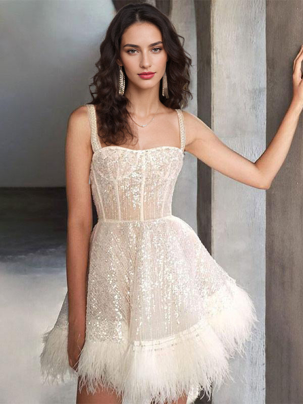 Party Dresses Ecru White Straps Neck Sequins Sleeveless Sheer Mini Dress