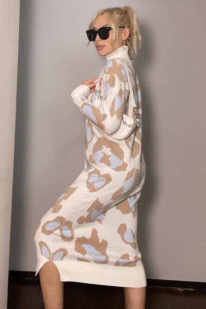 Elegant Leopard Turtleneck Sweater Maxi Dress