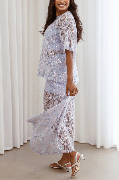Catch The Light Sheer Sequin Lace Short Sleeve Loose Tee Top