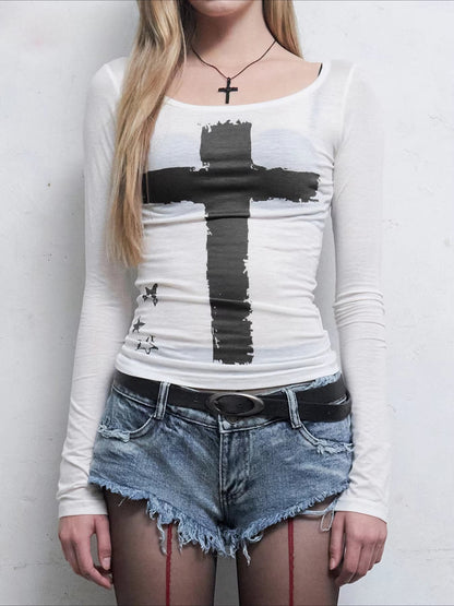 Dark Casual Printed Gothic Slim O-Neck Knit Top